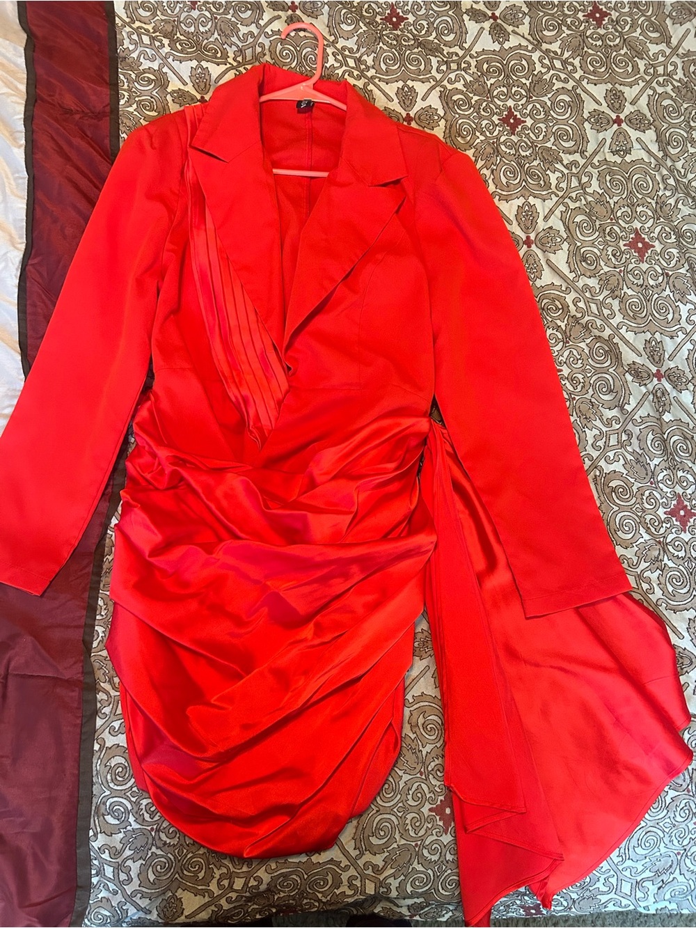 Red Draped Satin Long-Sleeve Dress with Blazer-Style Bodice